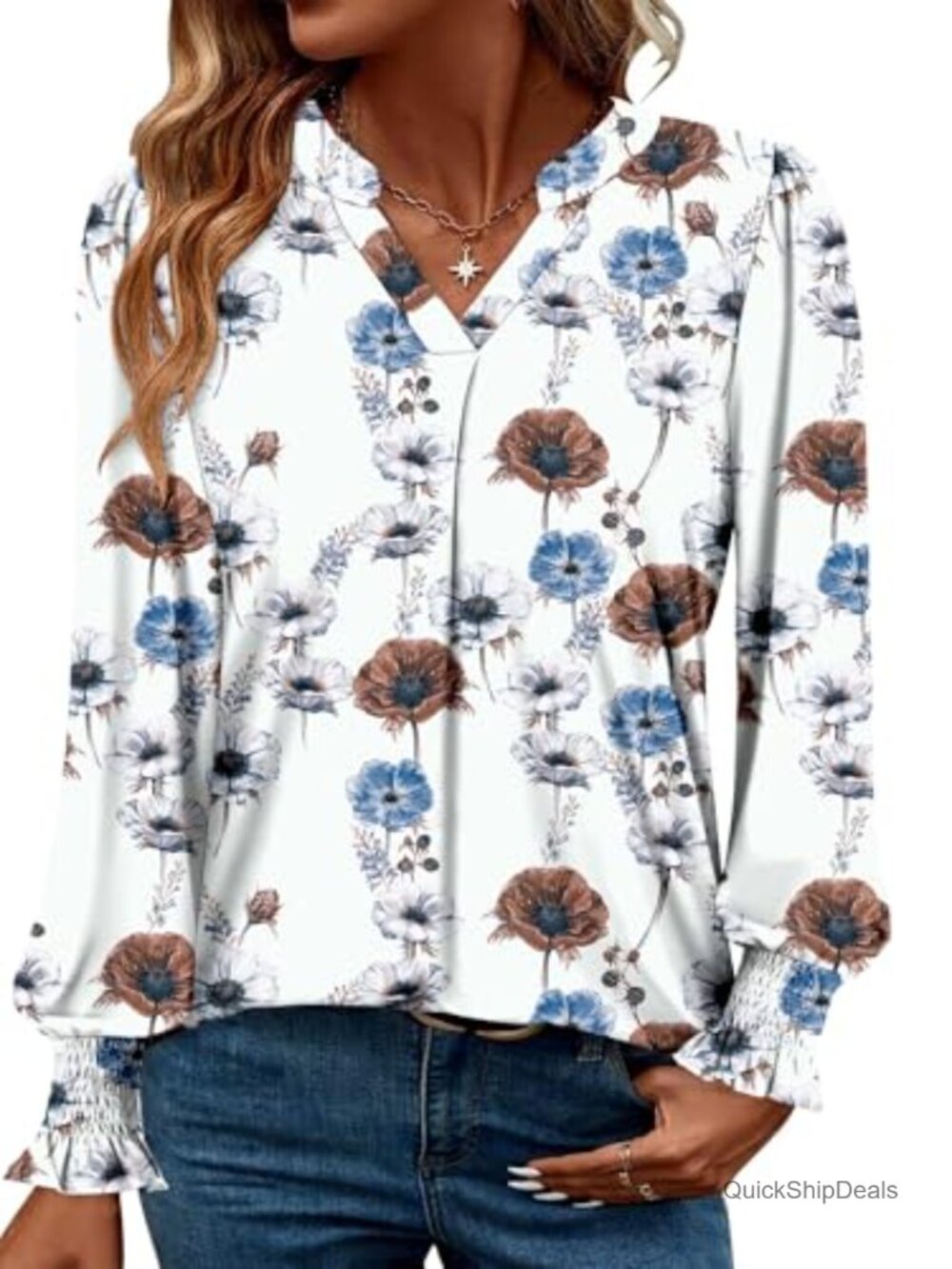 Womens V Neck Long Sleeve Tunic Top Flowy Boho Blouse for Leggings